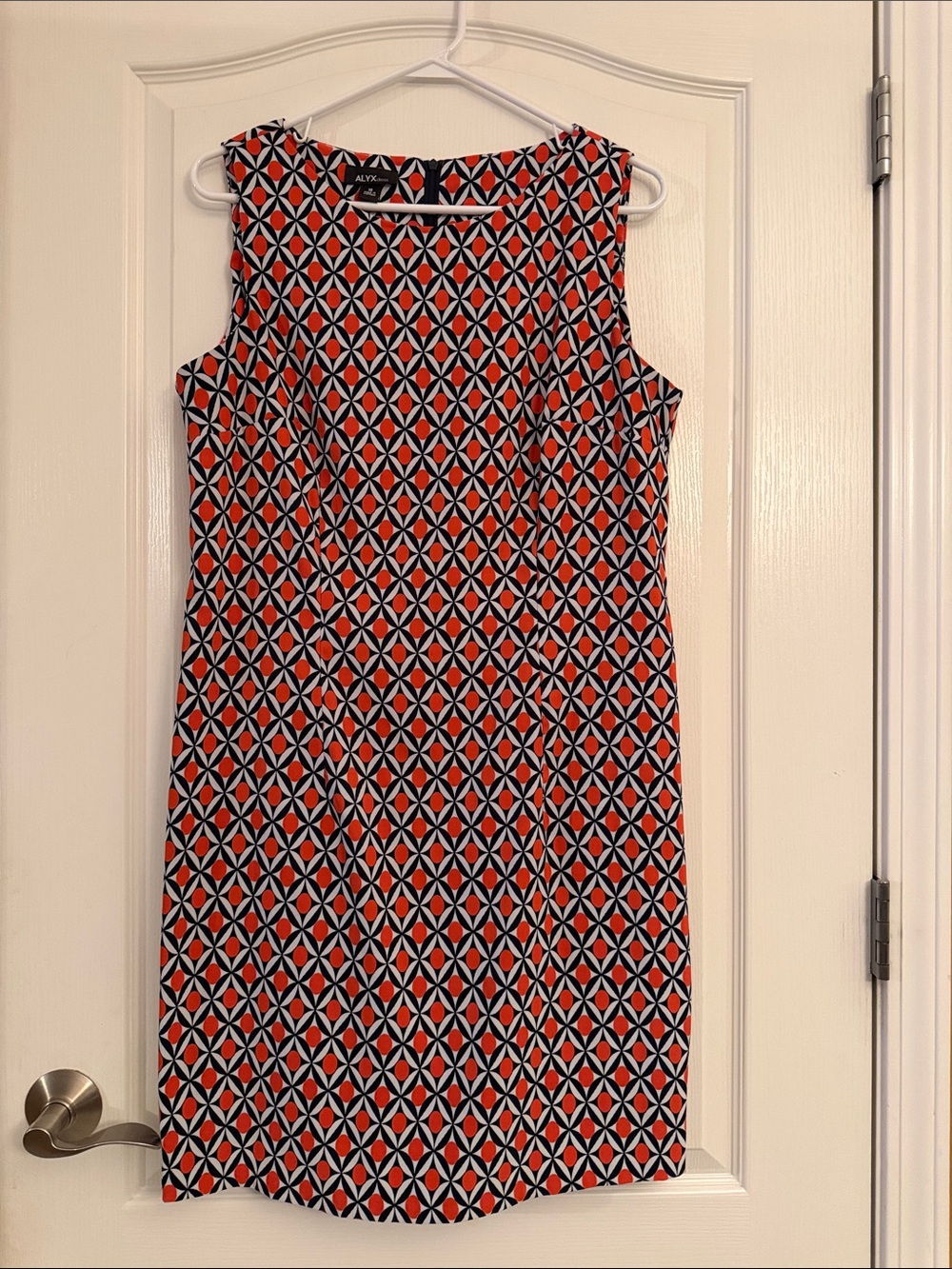 Alyx Orange and Navy Geometric Midi Sheath Dress